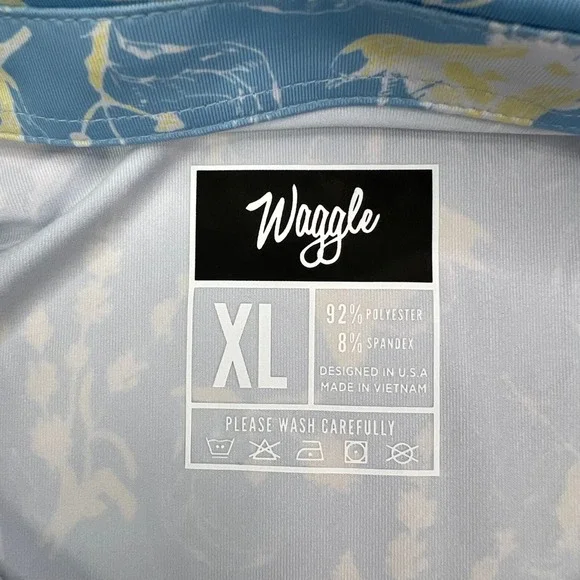 Waggle Buzzin Polo Shirt Men XL Blue Yellow Bee Floral Print Performance Stretch - Picture 7 of 9
